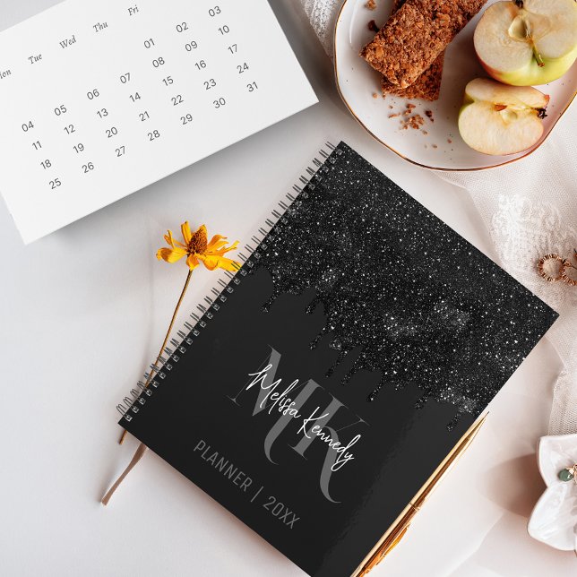 Agenda Glitter Negra Menino Chic Coloca Monograma Com Nom (Criador carregado)