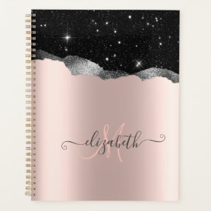 Agenda Glitter Prateado Moderno Preto, Monograma em Doura