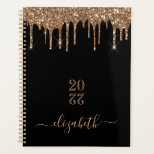 Agenda Glitter preto dourado goteja nome do monograma