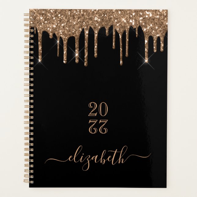 Agenda Glitter preto dourado goteja nome do monograma (Frente)