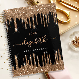 Agenda Glitter preto dourado goteja nome do monograma 202
