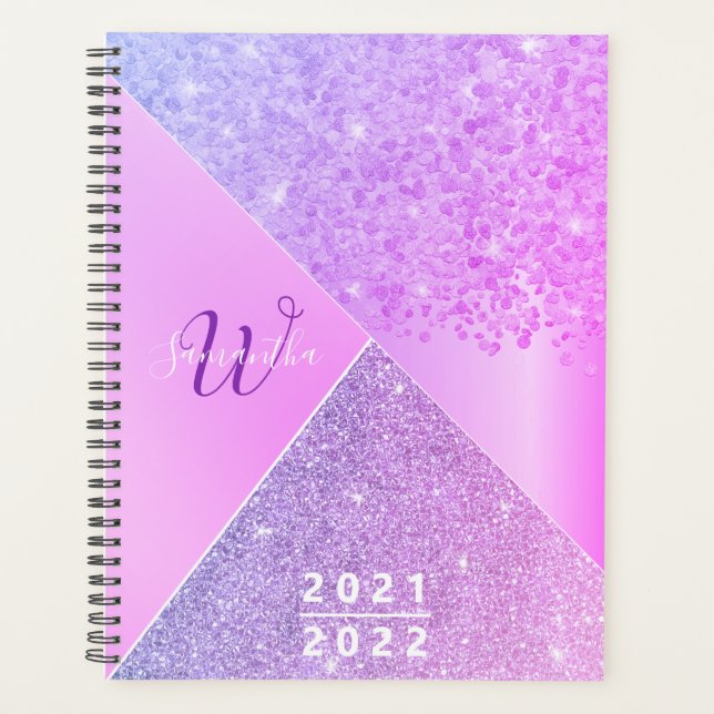 Agenda Glitter Rosa Roxo Monograma Glitter 2021 2022 (Frente)