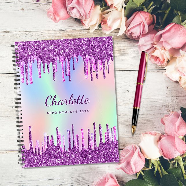 Agenda Glitter roxo branco pinga monograma rosa 2023 (Criador carregado)
