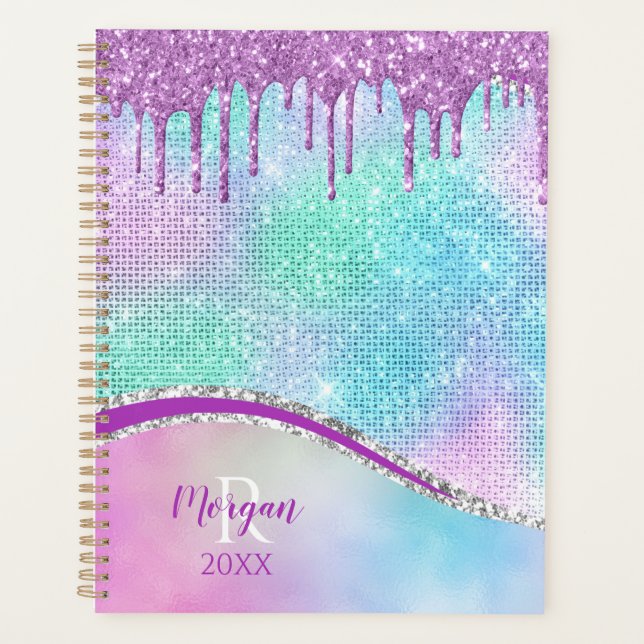 Agenda Glitter Roxo, Iridescente, Nome e Monograma (Frente)