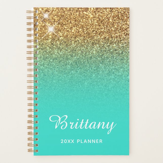 Agenda Glitter Turquesa Ombre Personalizado (Frente)