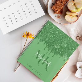 Agenda Glitter Verde Girly Chic Coloca Monograma Com Nome
