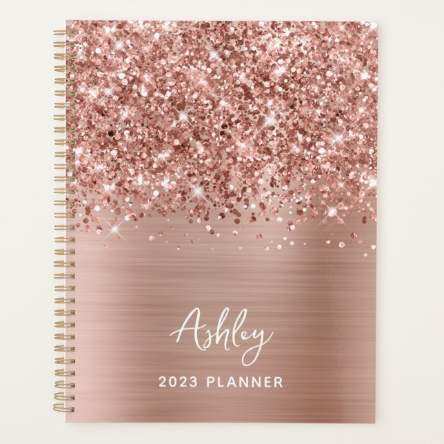 Agenda Glittery Rosa Dourado Glam Personalizado 2023 (Frente)