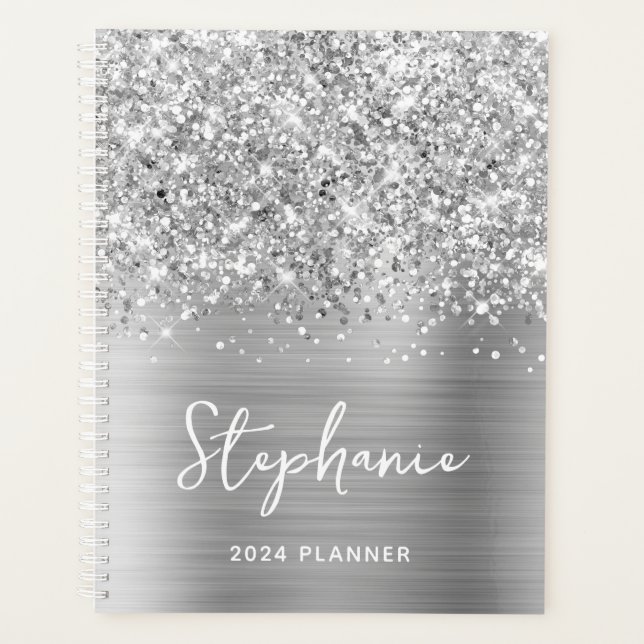 Agenda Glittery Silver Glam Personalizado 2024 (Frente)
