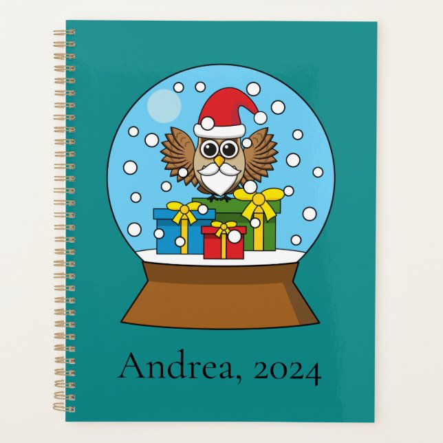 Agenda Globo de Neve com Santa Claus Owl | Personalizar (Frente)