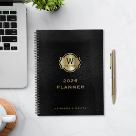 Agenda Gold Monogram Black Leather Look