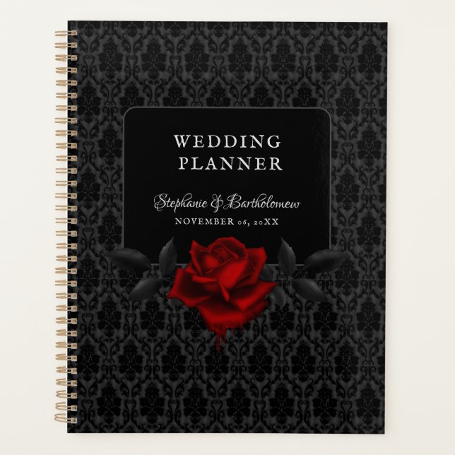 Agenda Gothic Black Damask Rose Wedding (Frente)