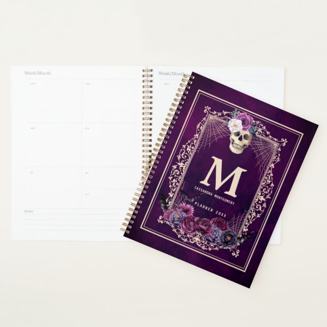 Agenda Gótica Floral Crânio Personalizado Monograma e Nom (Exibição)
