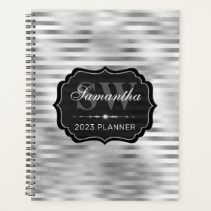 Agenda Gradiente de prata elegante Monograma Listras de f
