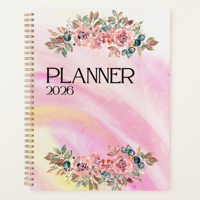 Agenda Gradiente Vibrante de Aquarela & Buquê Floral  (Frente)