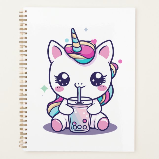 Agenda Grafo fofo de Unicórnio Kawaii comendo Sopa de Mac (Frente)