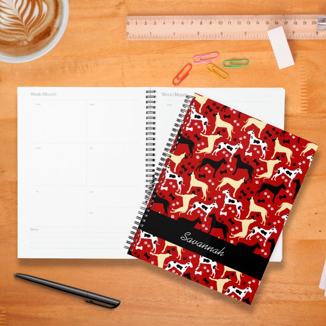 Agenda Grande Danes Fawn Harlequin Dane Planner (Great Danes Pattern Planner in red)