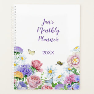 Agenda Grande Flor de Jardim Borboleta Abelha em Aquarela