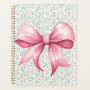 Agenda Grande Floral Monograma com Laço Rosa