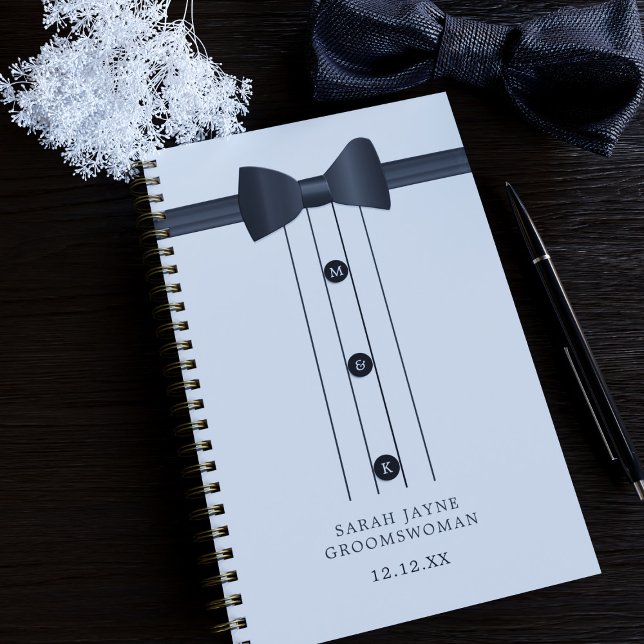 Agenda Gravata Borboleta Engraçada Preta e Branca Planeja (Add your Groomswoman's name and your initials/wedding date to this funny bow tie planner)
