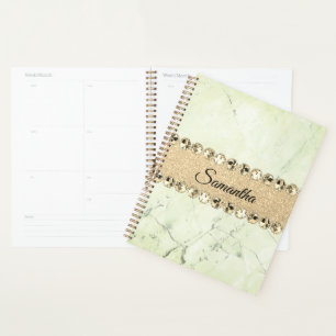 Agenda Green Marble Diamond Bling Personalizado