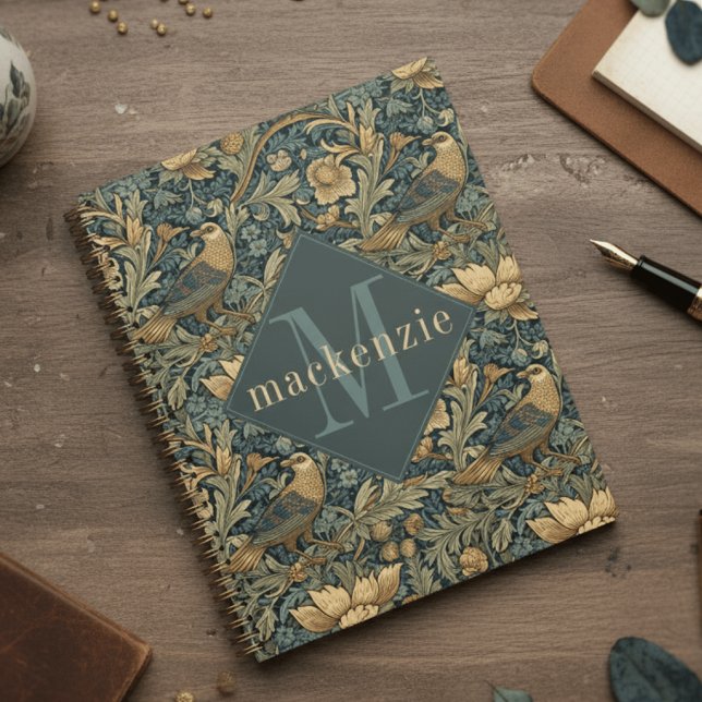 Agenda Green Tan Foliage William Morris Elegant Monogram (Criador carregado)