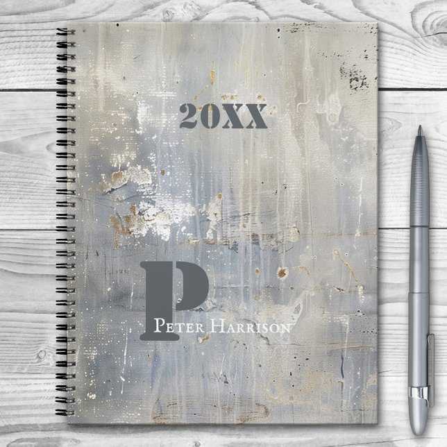 Agenda Grunge Painterly Blue Cinza (Planner featuring a grunge design in a loose painterly style in blue grey and off-white colors)