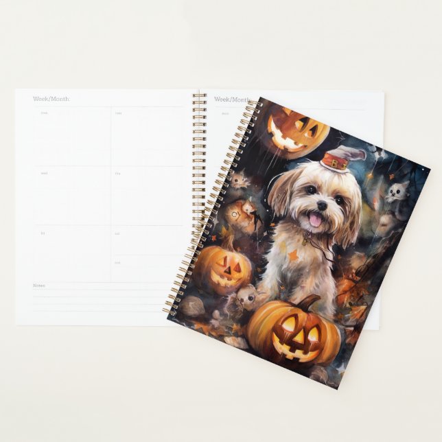Agenda Halloween Lhasa Apso Com Pumpkins Assustado (Exibição)