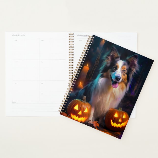 Agenda Halloween Shetland Sheepdog Com Pumpkins Assustado (Exibição)