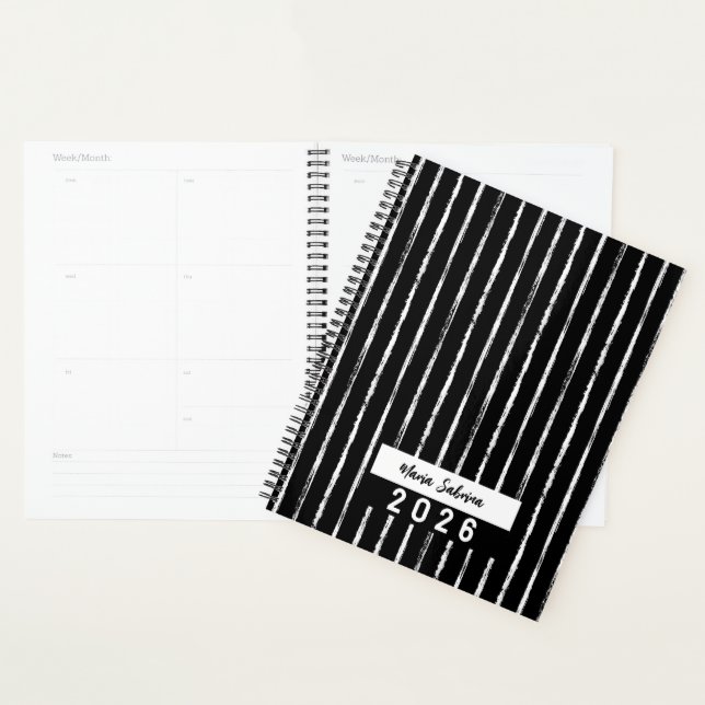 Agenda Hand Drawn Black & White Stripes Yearly Planner (Exibição)