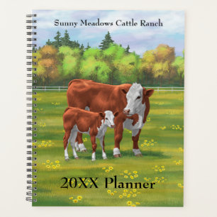 Agenda Hereford Cow & Cute Calf na Pastagem de Verão