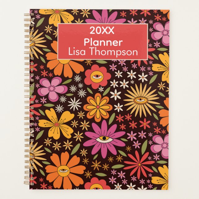 Agenda Hippie Psychedelic Groovy Flowers Olhos Personaliz (Frente)