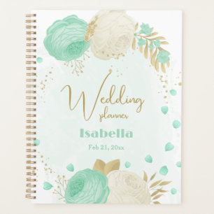 Agenda hortelã flores brancas de ouro casamento floral