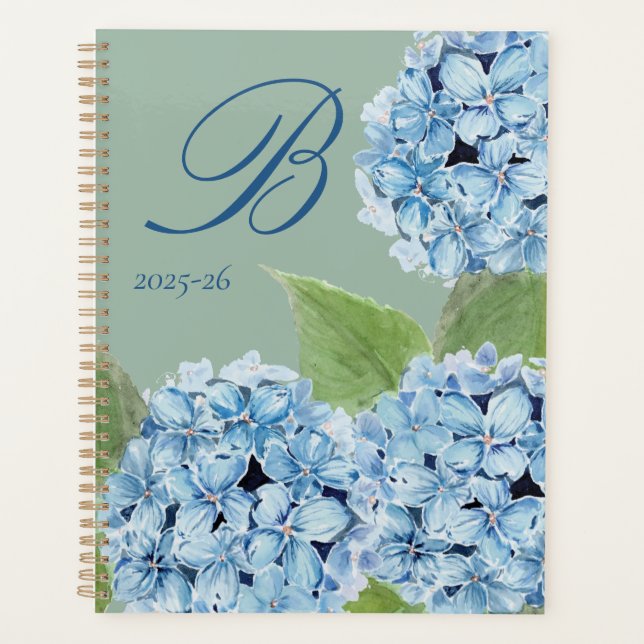 Agenda Hydrangea azul-aquarela com inicial (Frente)