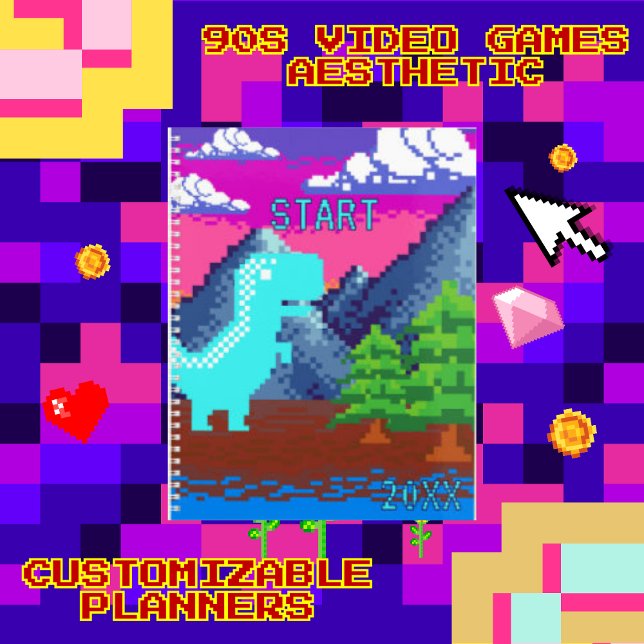 Agenda Ilustração de Dinossauro Pixelada Divertida para G (This funny nostalgic design features pixel art of a Dinosaur in naturen.I've used a pop color palett)