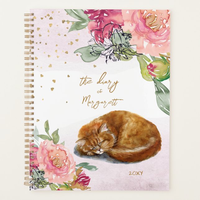 Agenda Ilustração de Gato Sonolento Rapariga Flor Diário  (Frente)