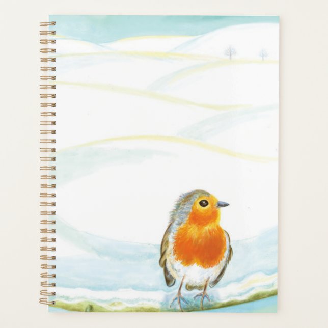 Agenda Ilustração de paisagem de inverno branco com robin (Frente)