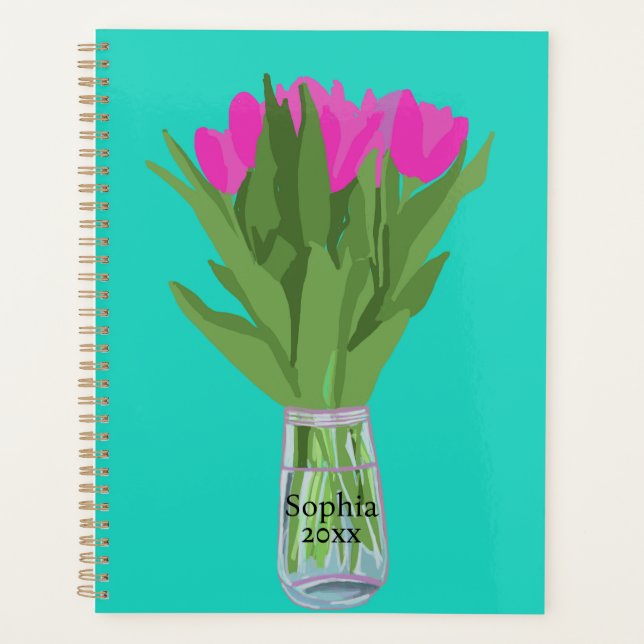 Agenda Ilustração Moderna da Flor de Tulip bonito + Nome (Frente)