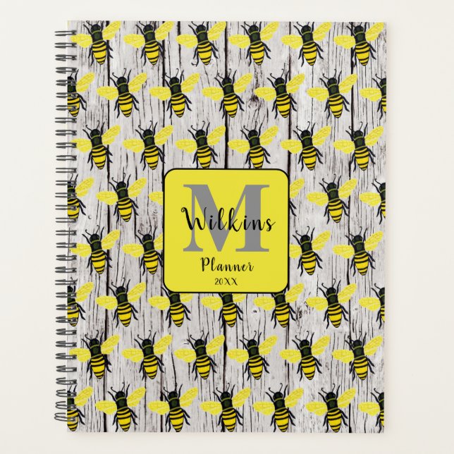 Agenda Ilustração personalizada de abelha Design de madei (Frente)