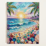 Agenda Impasto Beach and Sea Glass Sunset and Sunrise<br><div class="desc">Pretty seaside coastal personalized  planner with a gorgeous ai impasto oil painting style illustration of blue ocean waves crashing on a sandy beach,  that is covered in sea glass and surrounded by palm trees at sunset and sunrise.</div>