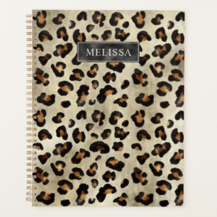 Agenda Impressão de leopardo com folha falsa preta e nome