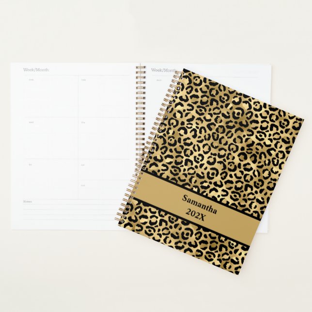 Agenda Impressão de leopardo preta e dourada personalizad (Exibição)