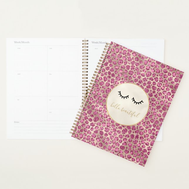 Agenda Impressão de Leopardo Rosa Dourada Eyelashes Preto (Exibição)