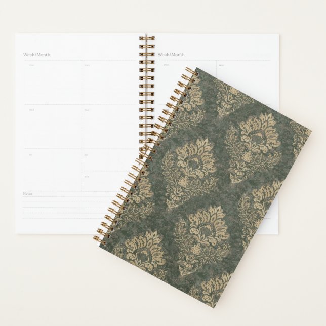 Agenda Impressão grande verde e Dourado Damask (Exibição)
