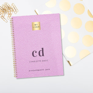 Agenda Iniciais do monograma de couro rosa com logotipo 2