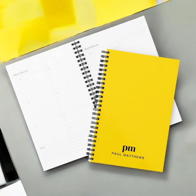Agenda Iniciais e Nome Simples de Monograma Amarelo de Mo (Personalize with your monogram initials and name.)