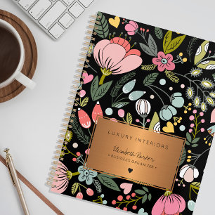 Agenda Interior floral preto e pastel de luxo, cor-de-ros
