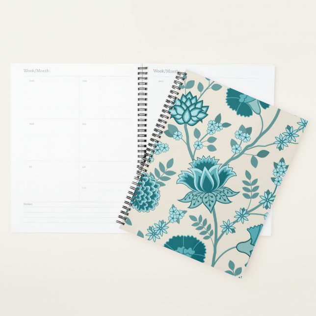 Agenda Jacobean Floral Lg Patterna Teals em Creme (Exibição)