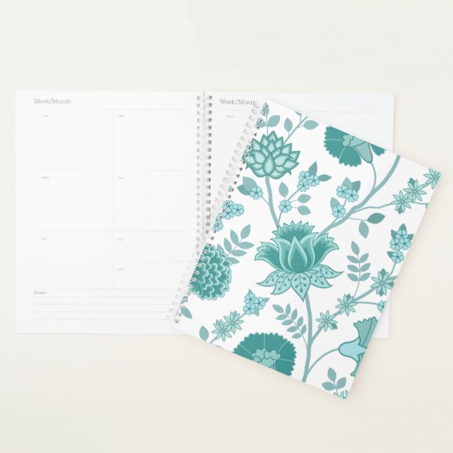 Agenda Jacobean Floral Lg Patterno Teals em Branco (Exibição)