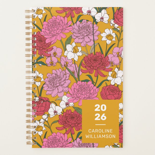 Agenda Jardim Floral Boho Nome Personalizado Amarelo (Frente)