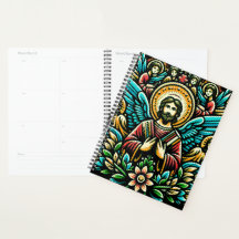 Jesus rodeado por oito anjos e motivo floral